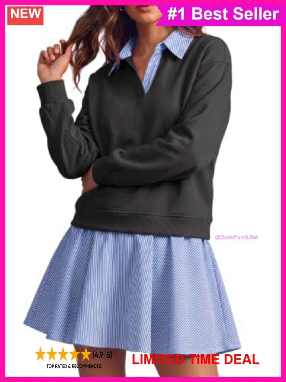 Womens Sweatshirt Dress Collared V Neck Patchwork Mini